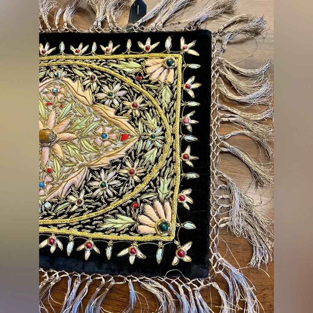 Handmade Zardozi Embroidered Wall Hanging Velvet Gold Tapestry 12x9 Indian Boho
